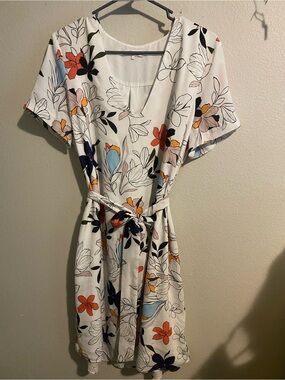Floral Tie-Waist Dress in White with Multicolor Blooms